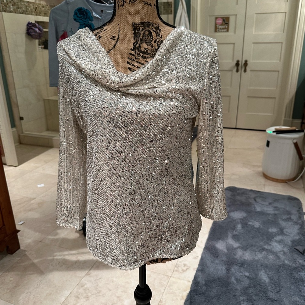 Silver sequin cowl neck top, new with tags.  Size medium.